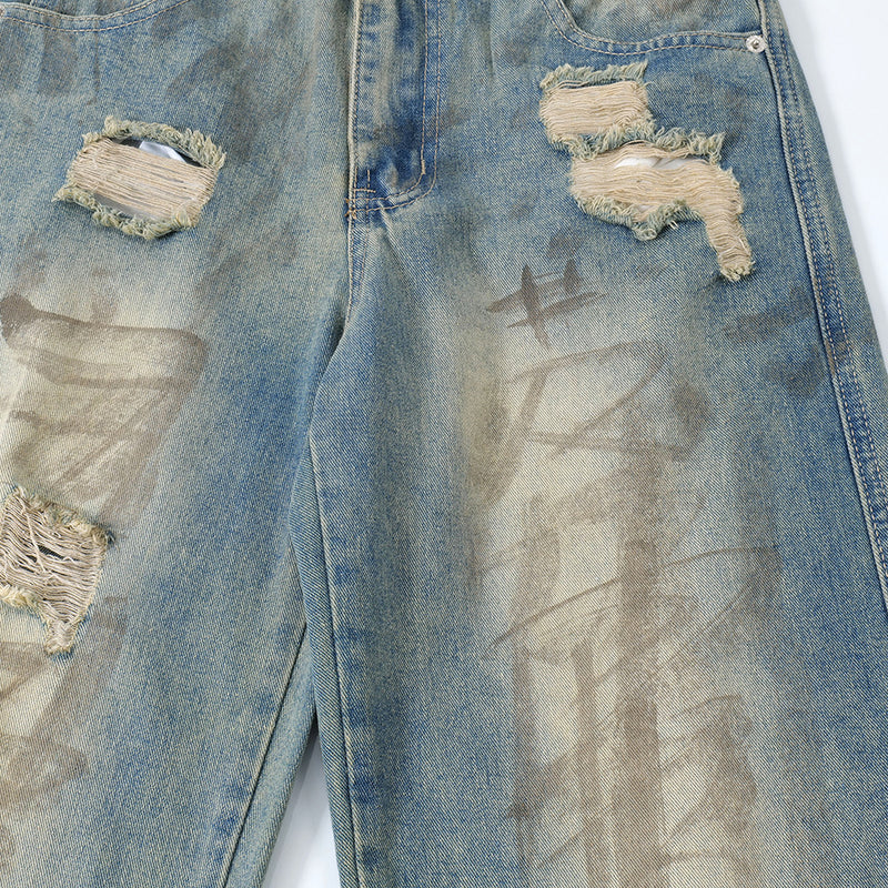 Graffiti Distressed Dirty Ripped Denim Trousers