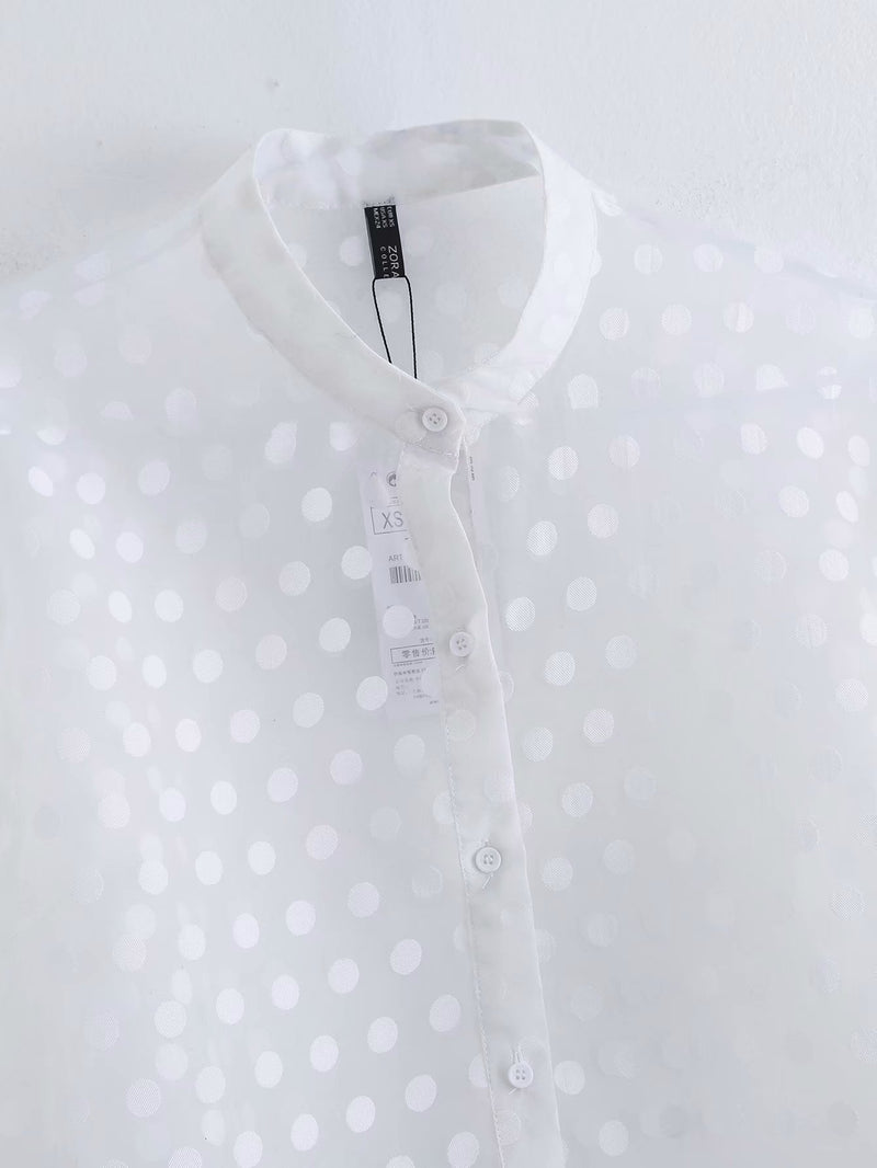 Spring Cross-border Women's Clothing Long Sleeve Polka Dot Transparent Organza Top For Women