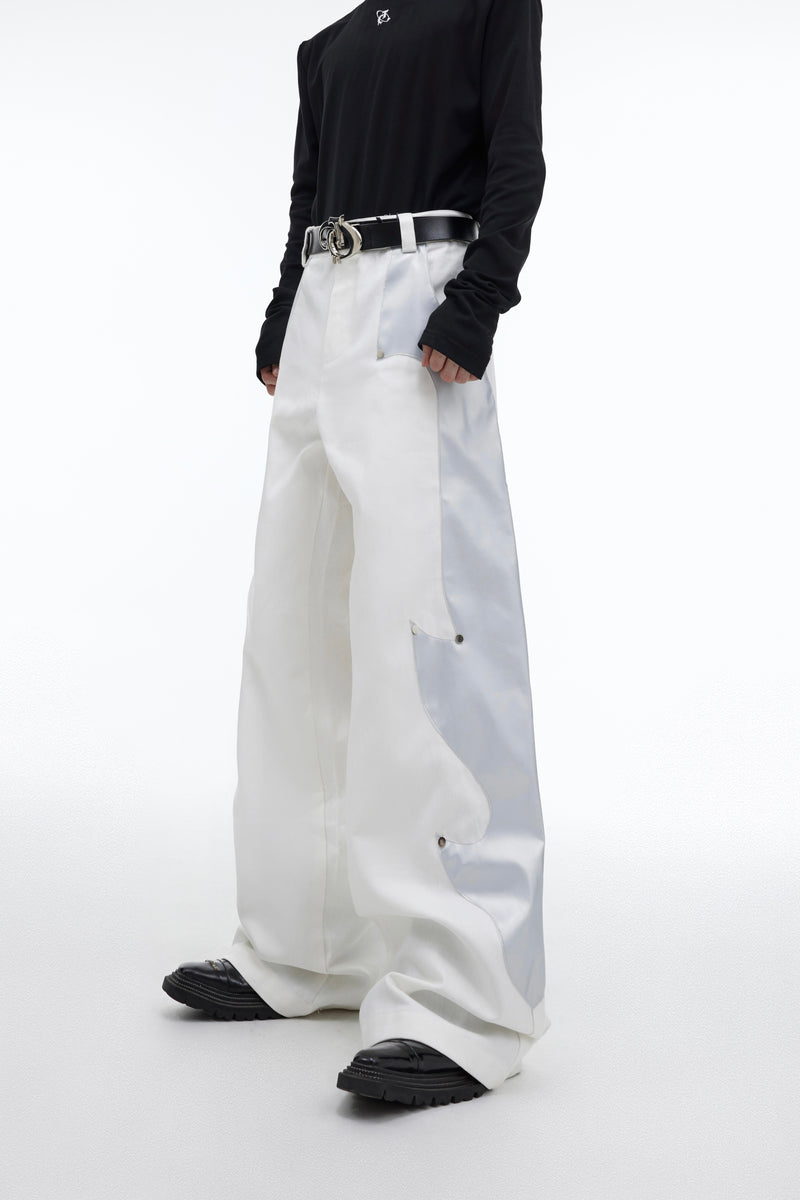 Niche Structured Leather Patchwork Flame Rivet Trousers