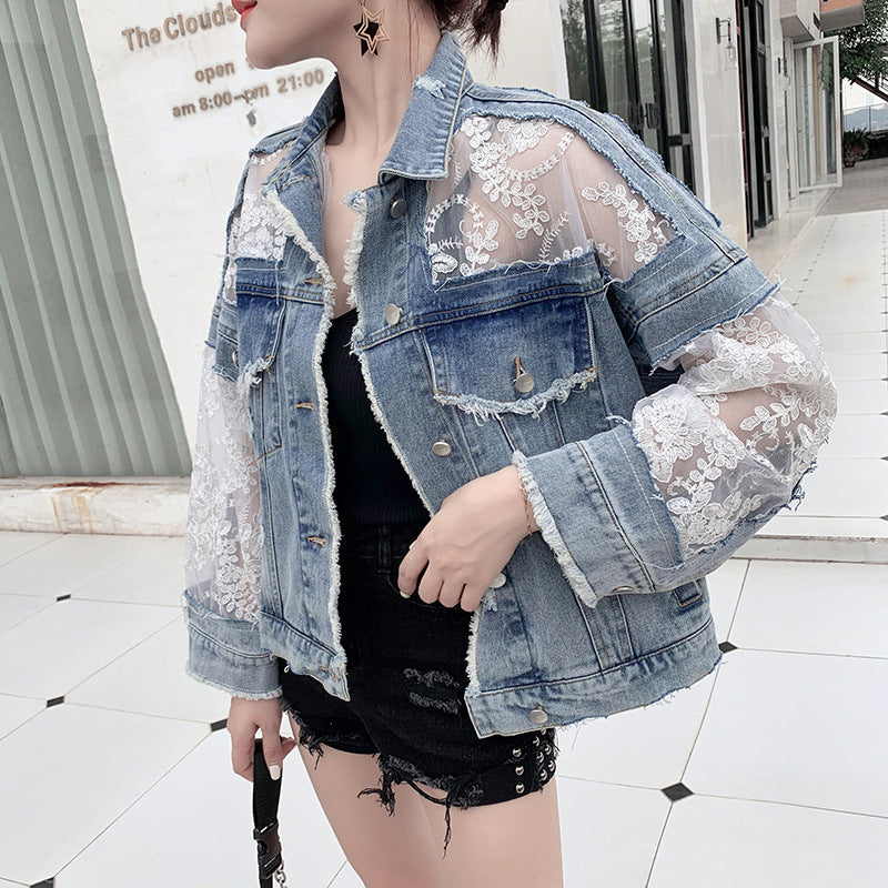 Denim Short Jacket Women Trendy Fashion Casual Lace Stitching Loose Sun Protection Clothing