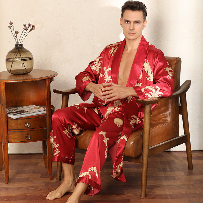 Luxury Silk Robe Pants Pajama Set Two-piece Imitate Silk Long-sleeved Pajamas Large Size Bathrobes Robe Sets For Men Clothing