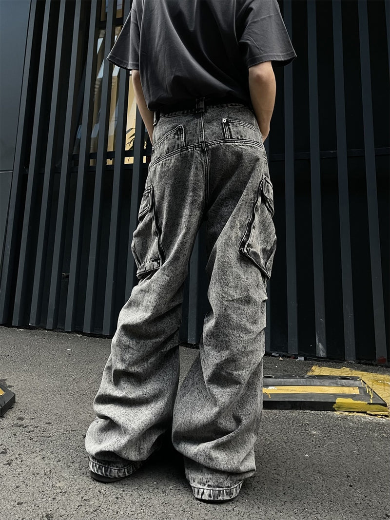 Pleated Workwear With Pocket Jeans Loose-fitting Wide-leg Trousers