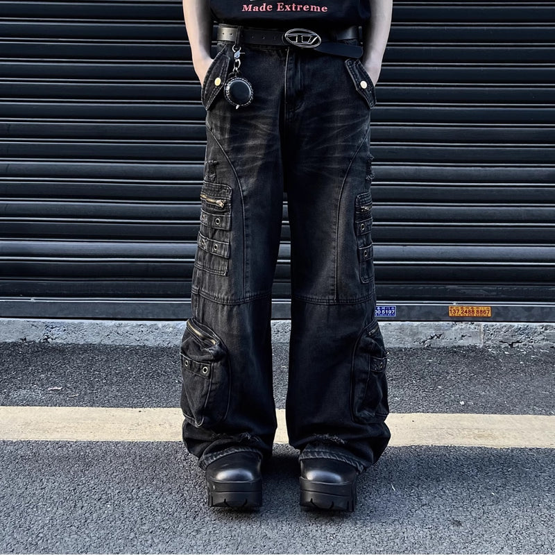 Retro Tattered Jeans Big Pocket Jeans Loose-fitting Wide-leg Trousers