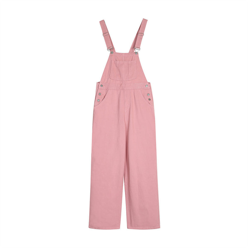 Simple Solid Color Wide Leg Straight Cargo Overalls