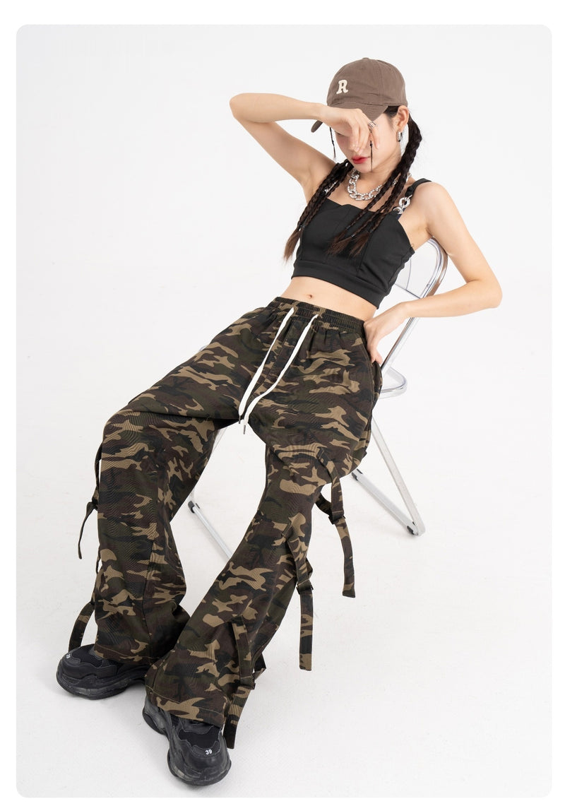 American Retro Elastic Waist Drawstring Camouflage Cargo Pants Couple Street Fashion Ribbon Straight