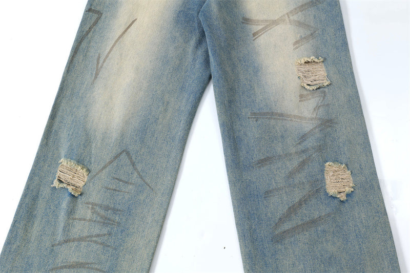 Graffiti Distressed Dirty Ripped Denim Trousers