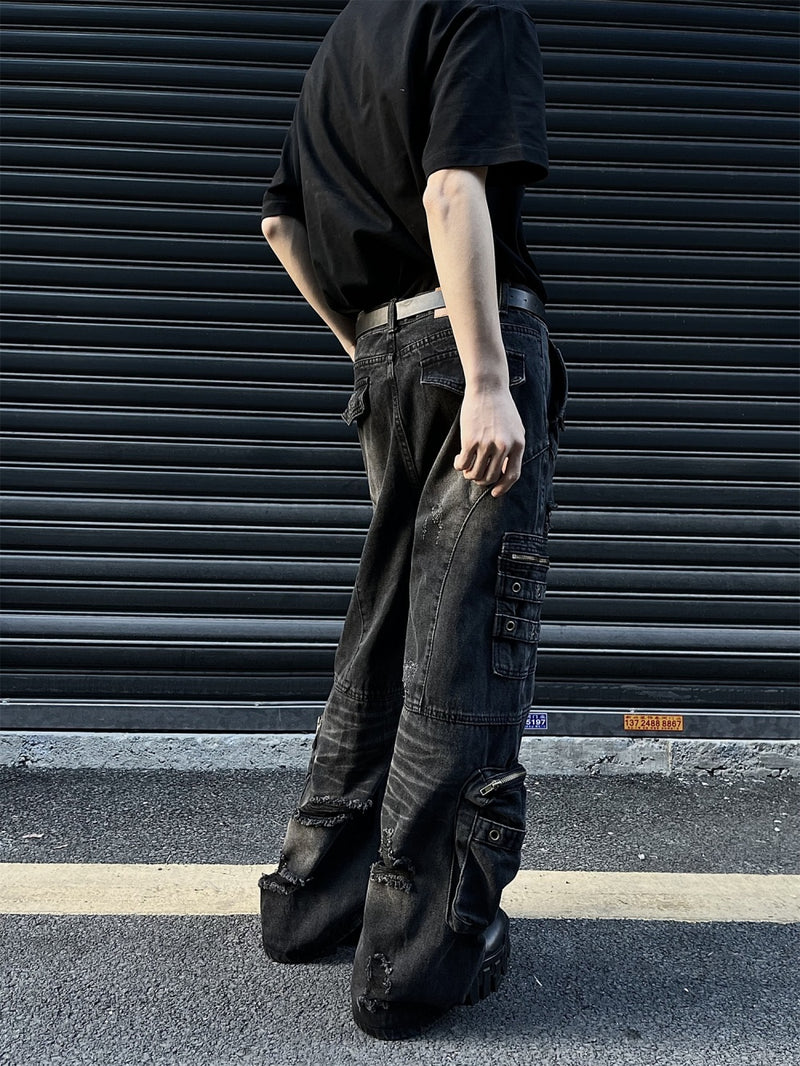 Retro Tattered Jeans Big Pocket Jeans Loose-fitting Wide-leg Trousers