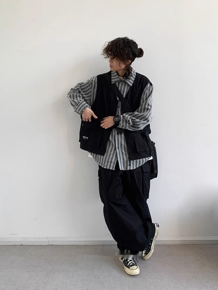 Japanese-style Retro Striped Fake Two Pieces Vest Workwear Shirt Plus Overalls Suit Men's Casual Simple