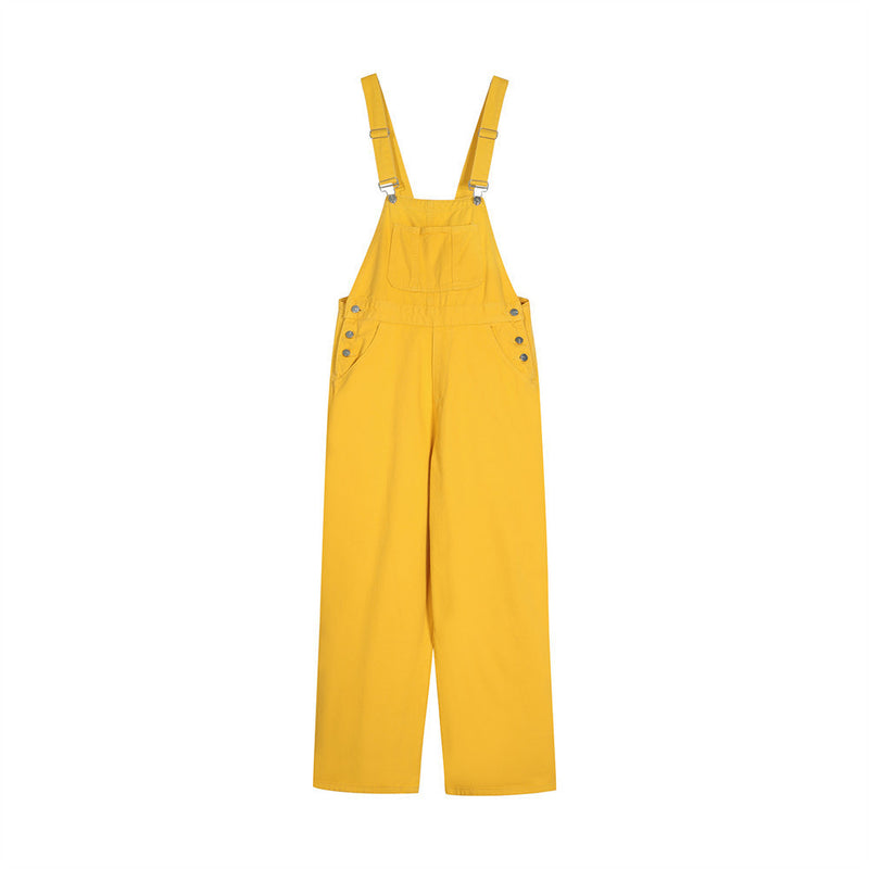 Simple Solid Color Wide Leg Straight Cargo Overalls