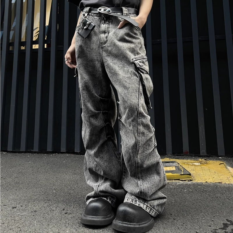 Pleated Workwear With Pocket Jeans Loose-fitting Wide-leg Trousers