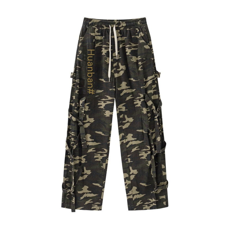 American Retro Elastic Waist Drawstring Camouflage Cargo Pants Couple Street Fashion Ribbon Straight