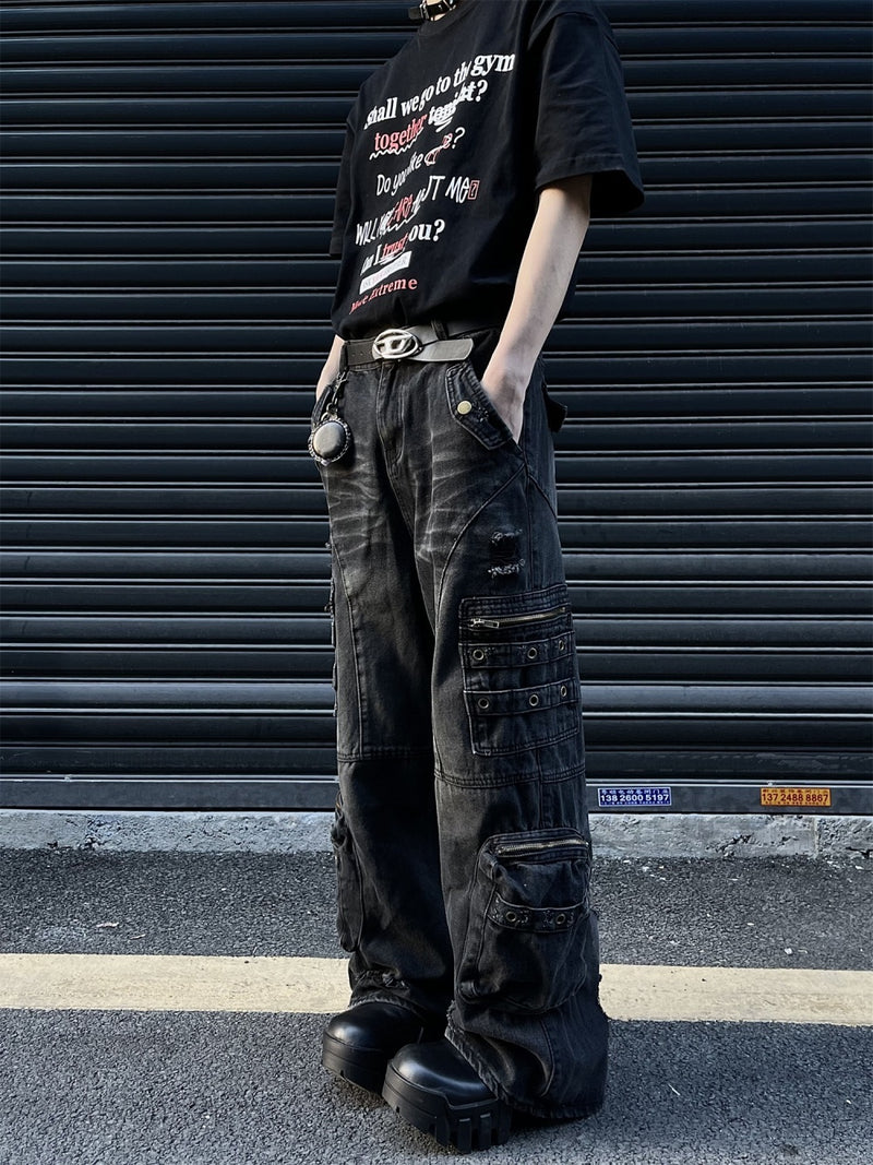 Retro Tattered Jeans Big Pocket Jeans Loose-fitting Wide-leg Trousers