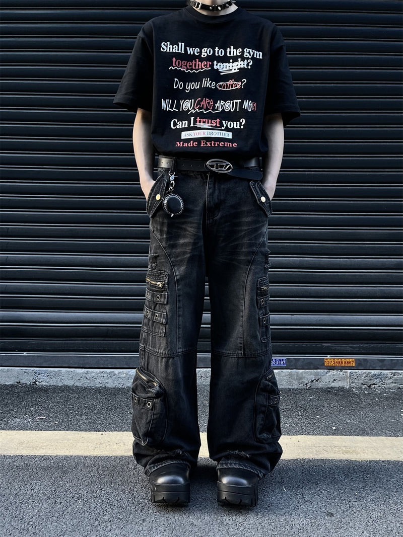 Retro Tattered Jeans Big Pocket Jeans Loose-fitting Wide-leg Trousers