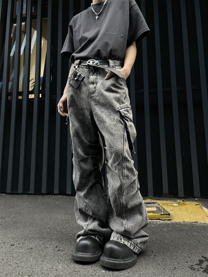 Pleated Workwear With Pocket Jeans Loose-fitting Wide-leg Trousers