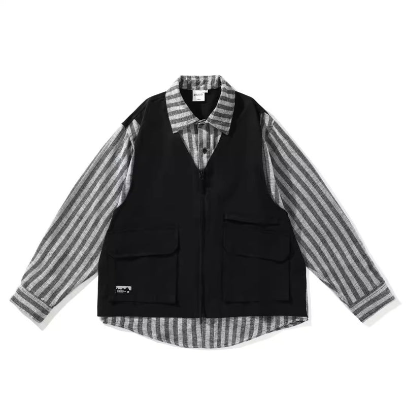 Japanese-style Retro Striped Fake Two Pieces Vest Workwear Shirt Plus Overalls Suit Men's Casual Simple