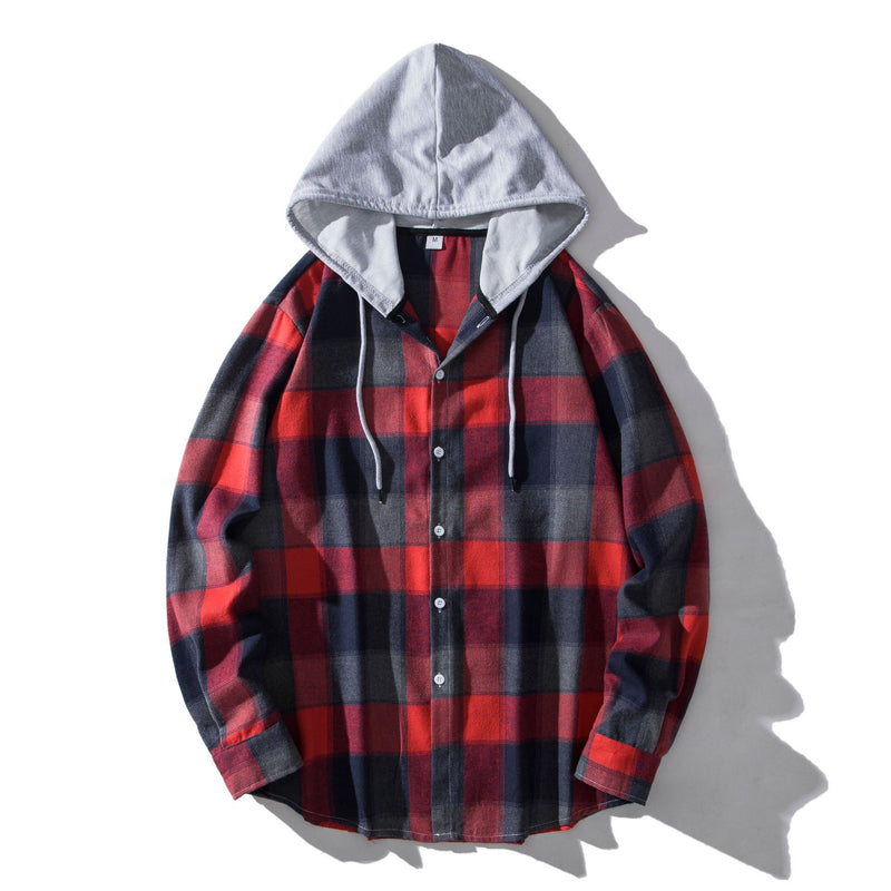 European And American Men's Plaid Hooded Shirt Casual Shirt