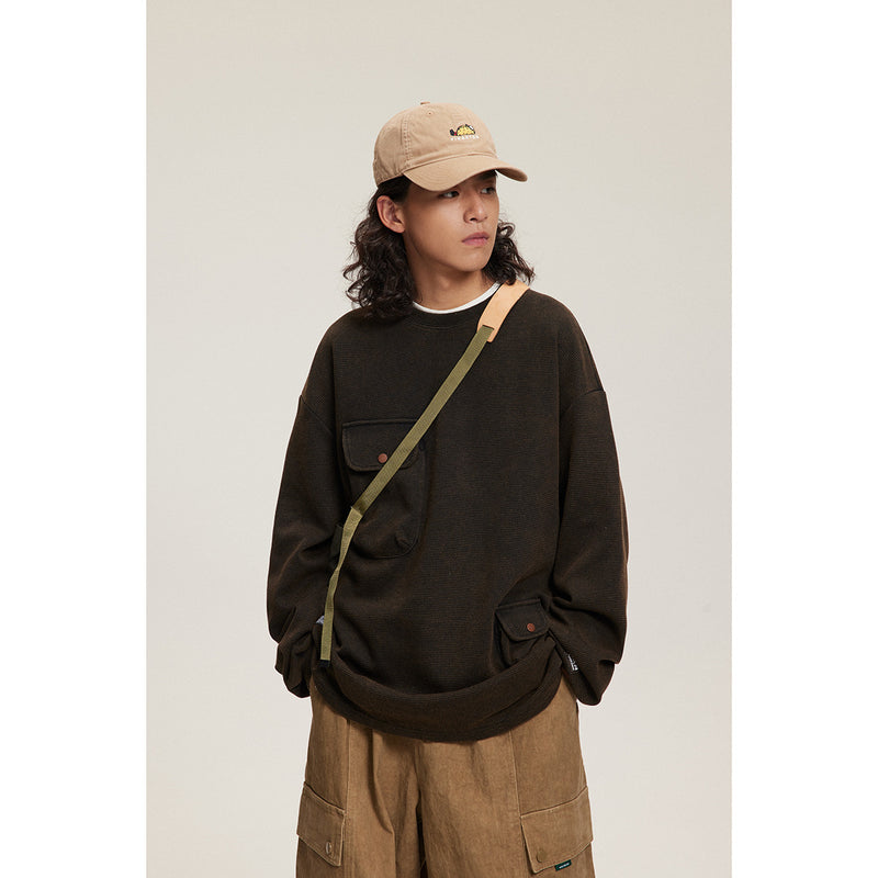 Japanese-style Retro Three-dimensional Pocket Loose Crew Neck Pullover Sweatshirt