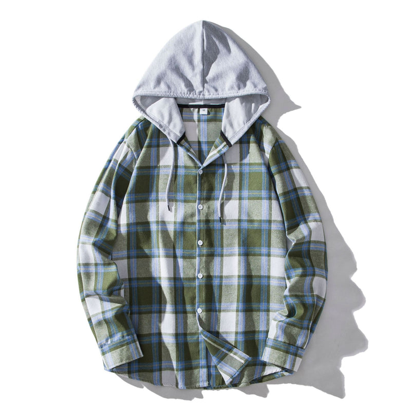 European And American Men's Plaid Hooded Shirt Casual Shirt