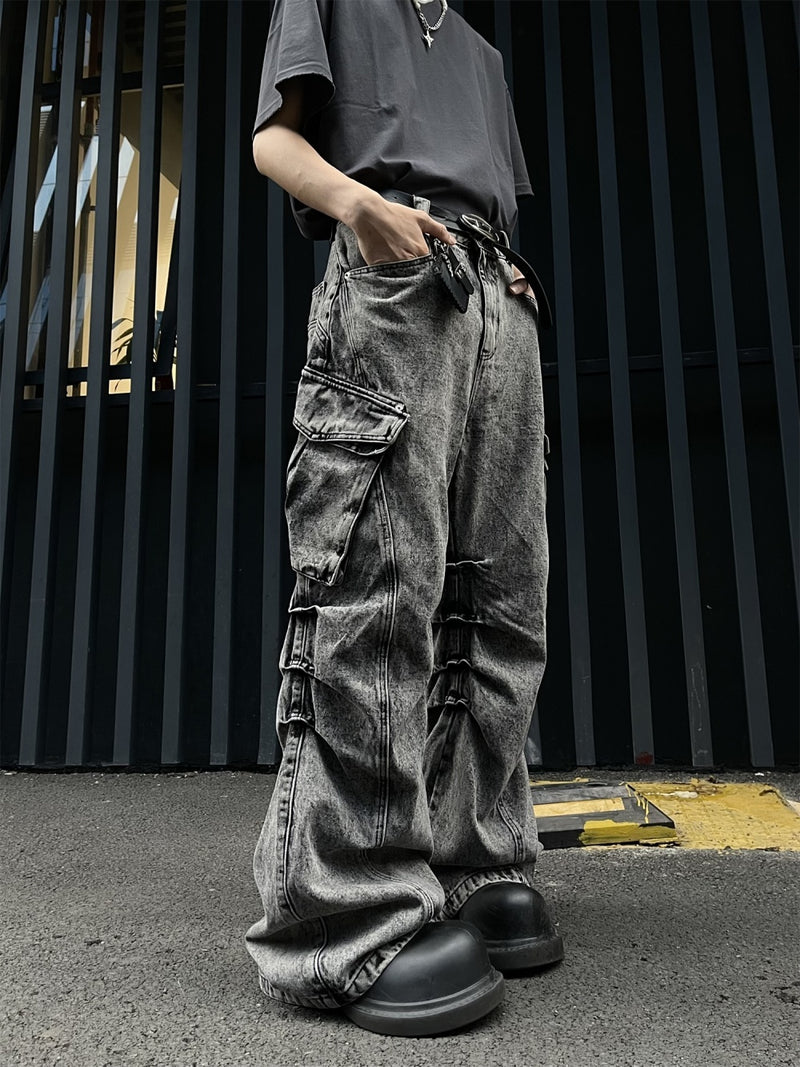 Pleated Workwear With Pocket Jeans Loose-fitting Wide-leg Trousers