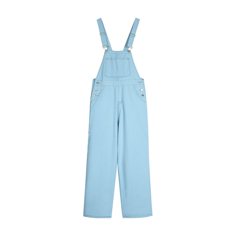 Simple Solid Color Wide Leg Straight Cargo Overalls