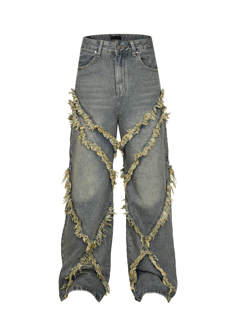 Burrs Tassels Patchwork Design Wide Leg Jeans