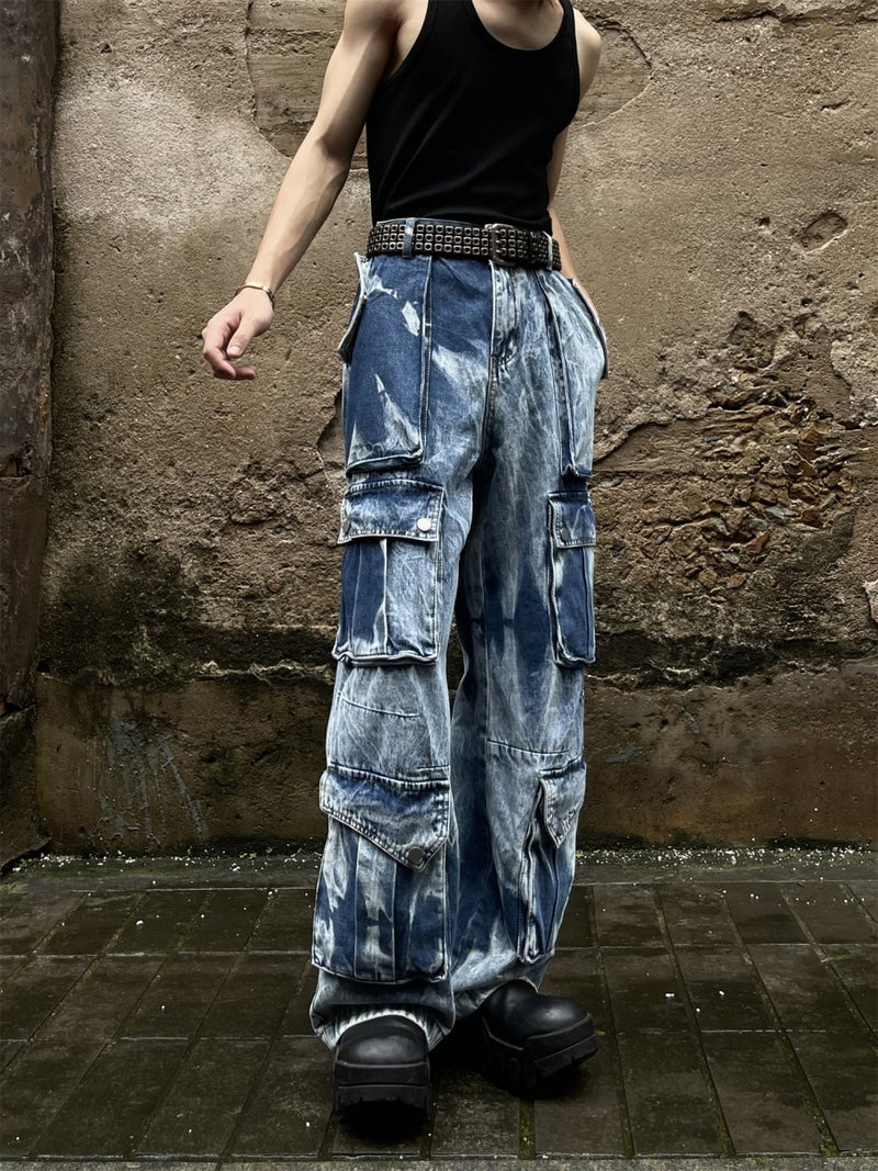 Retro Multi-pocket Tie-dye Cargo Jeans Loose Straight Trousers