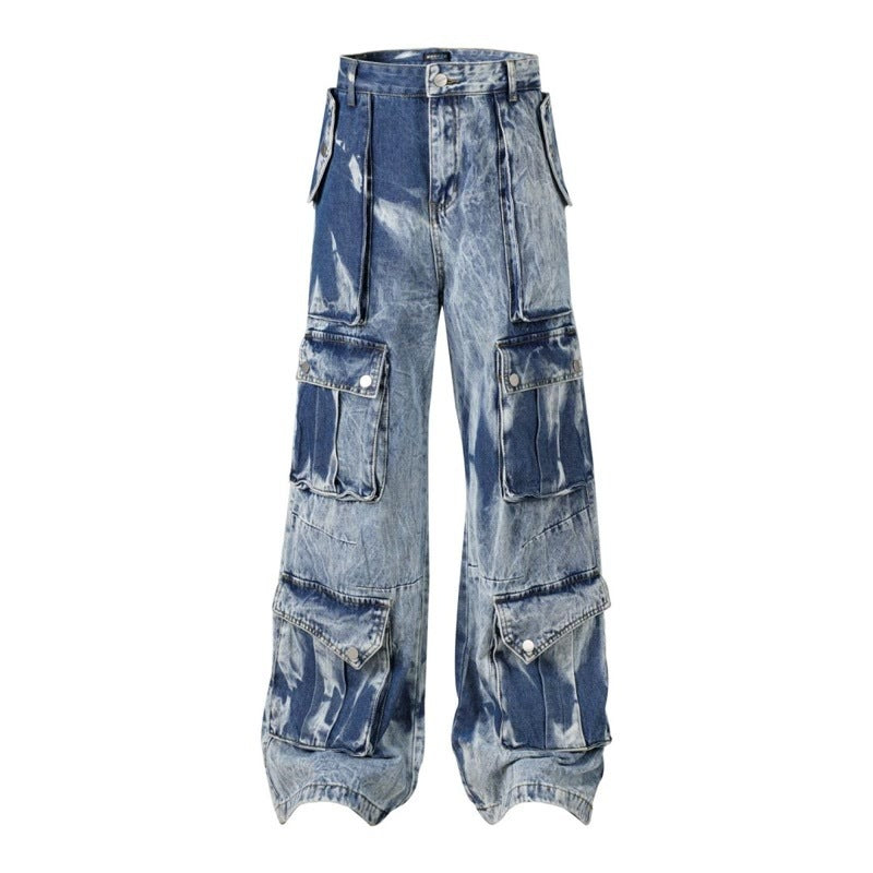 Retro Multi-pocket Tie-dye Cargo Jeans Loose Straight Trousers