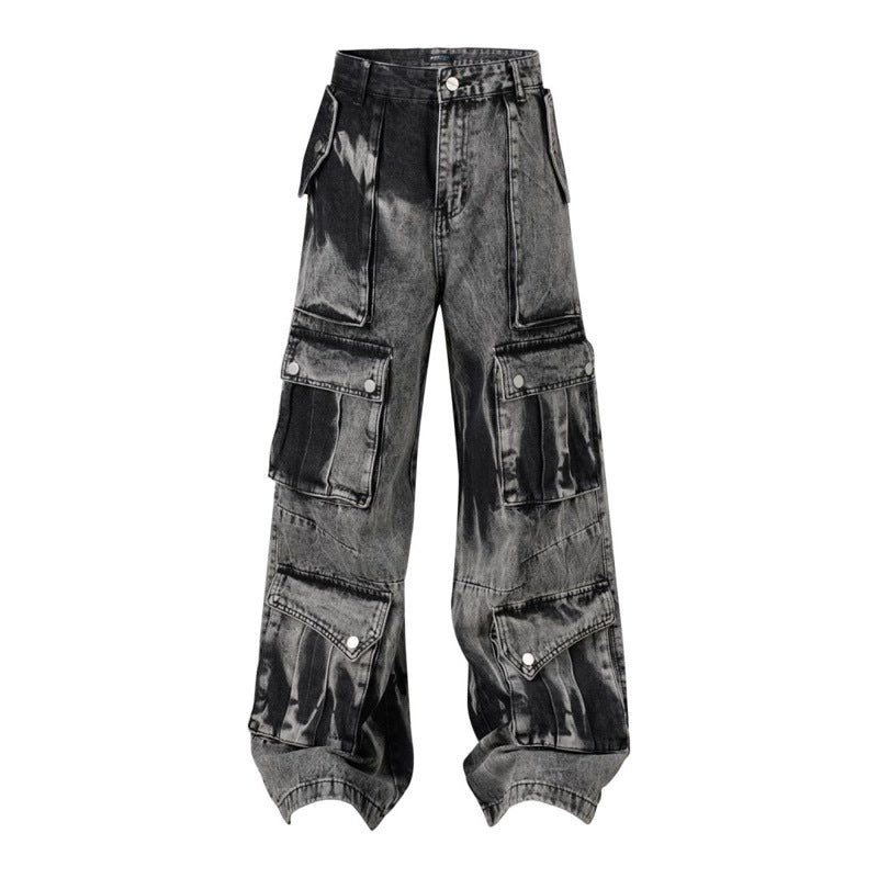 Retro Multi-pocket Tie-dye Cargo Jeans Loose Straight Trousers