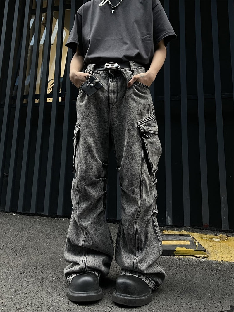 Pleated Workwear With Pocket Jeans Loose-fitting Wide-leg Trousers