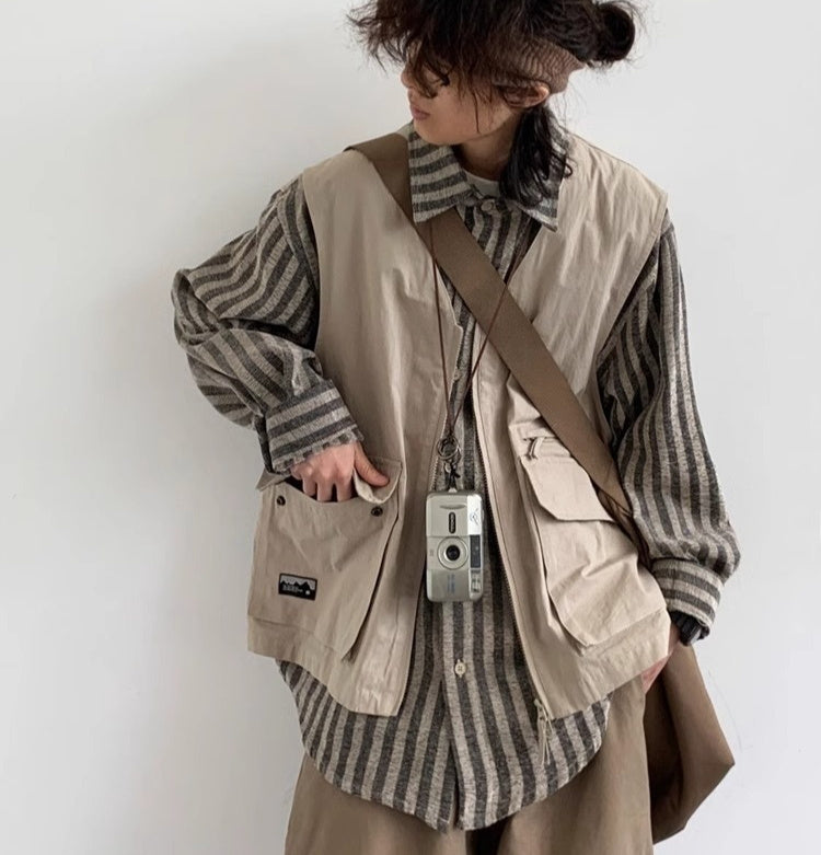 Japanese-style Retro Striped Fake Two Pieces Vest Workwear Shirt Plus Overalls Suit Men's Casual Simple