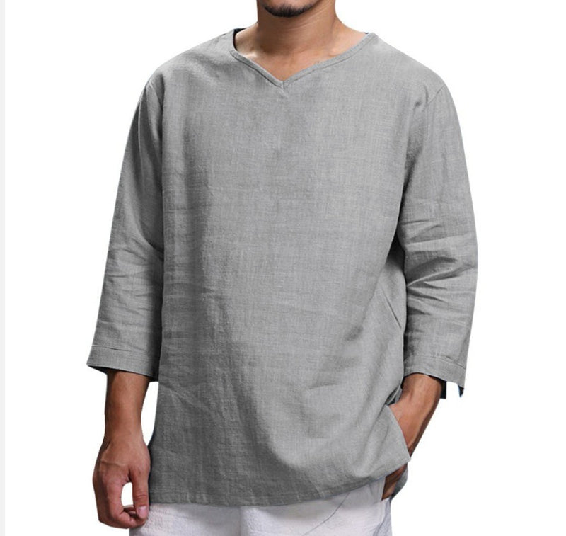 Loose Casual V-neck Top Cotton And Linen Long Sleeve Pullover Shirt Mens Clothing