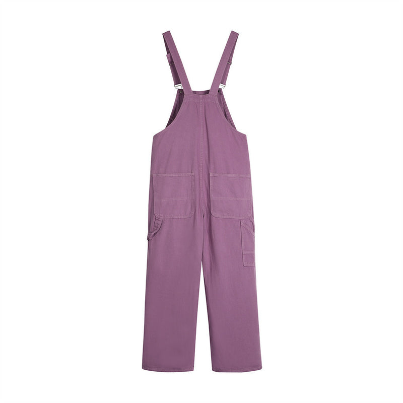 Simple Solid Color Wide Leg Straight Cargo Overalls