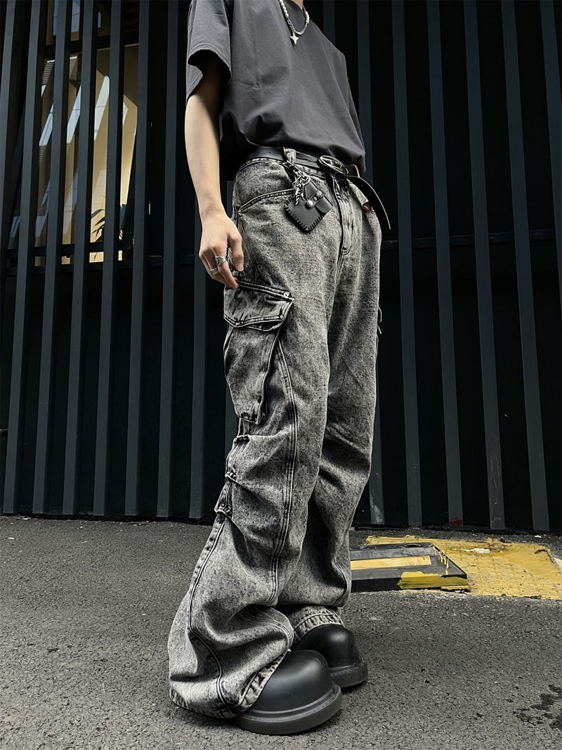 Pleated Workwear With Pocket Jeans Loose-fitting Wide-leg Trousers